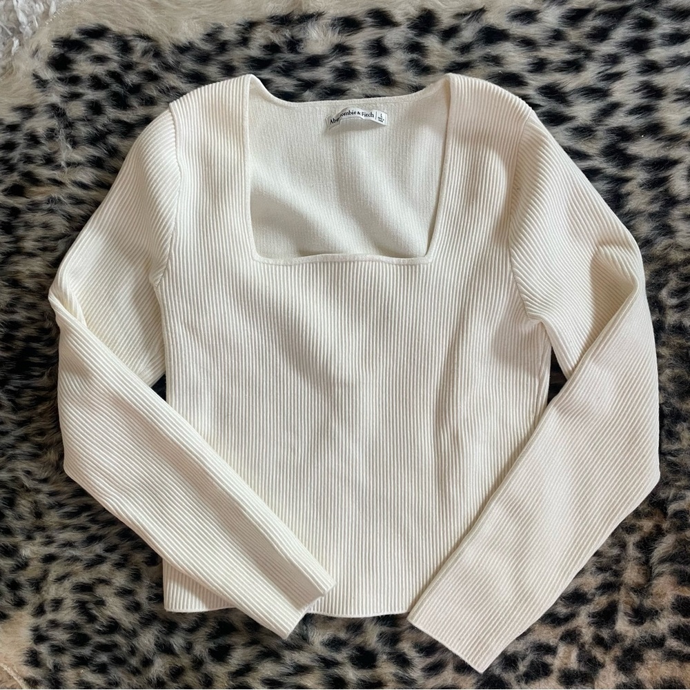 Abercrombie & Fitch Cream Ribbed Square-Neck Long Sleeve Top